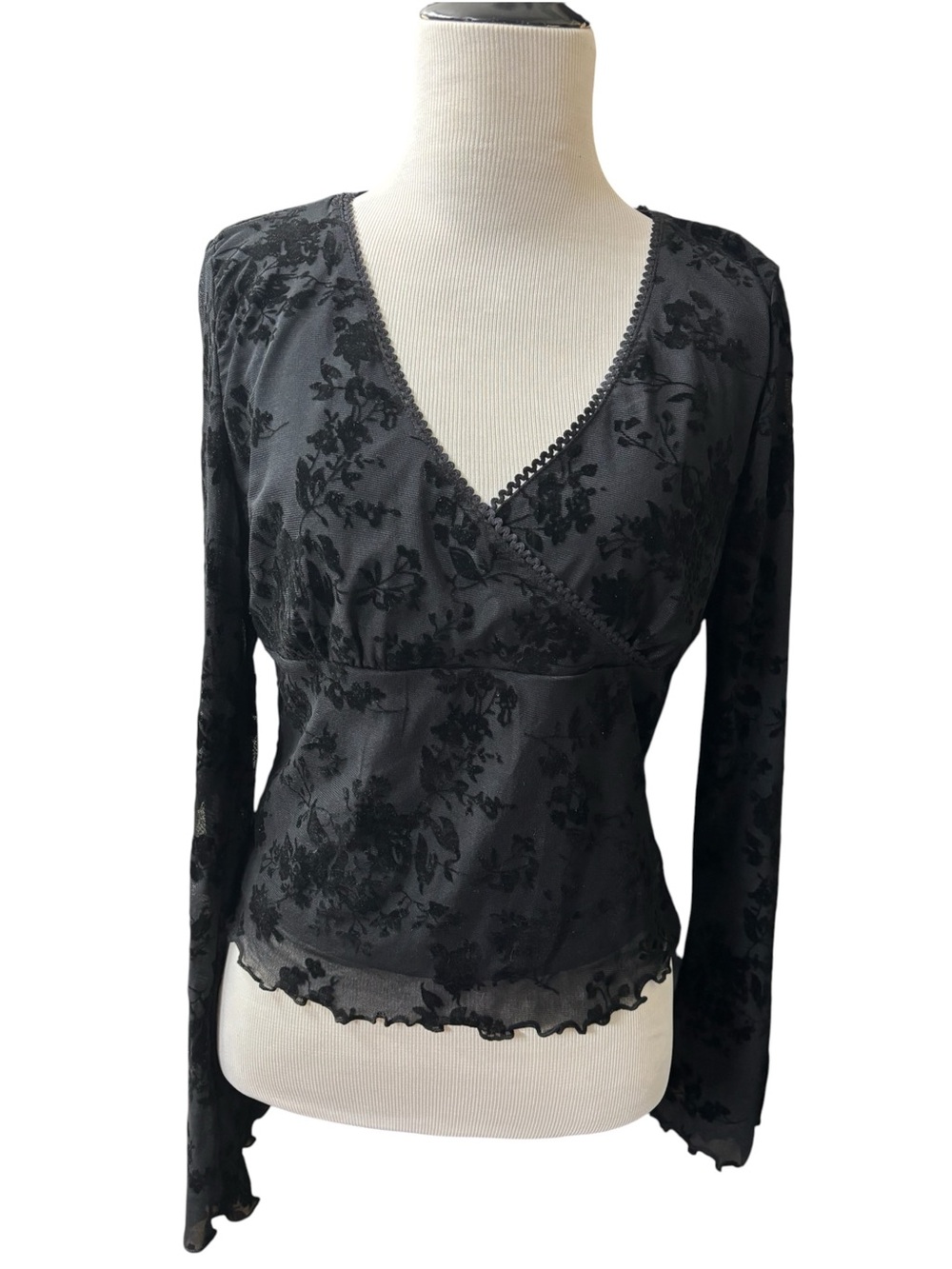 Cider Black Floral Burnout Wrap Long Sleeve Top